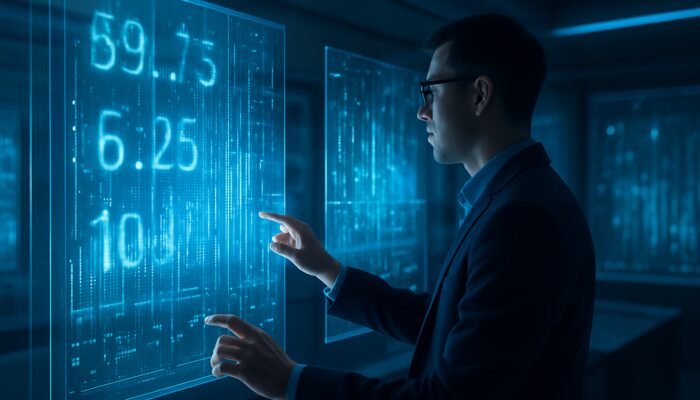 Data analyst updating stale prices on holographic screens in corporate control room
