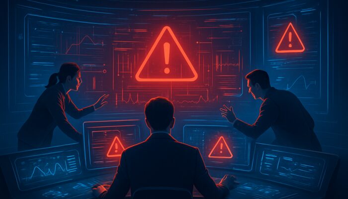 Futuristic control center with holographic dashboards flashing red alerts for stale price data over 24 hours.