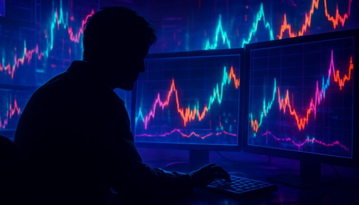 Shadowy trader submitting phantom orders to create false price spikes on neon trading screens