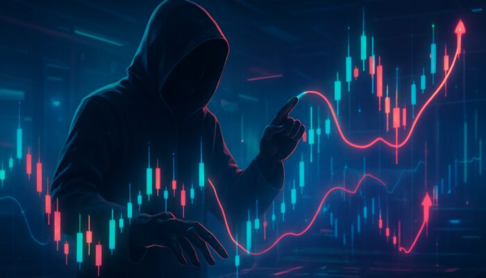 Shadowy trader spoofing holographic stock charts with phantom orders in neon cyberpunk trading floor