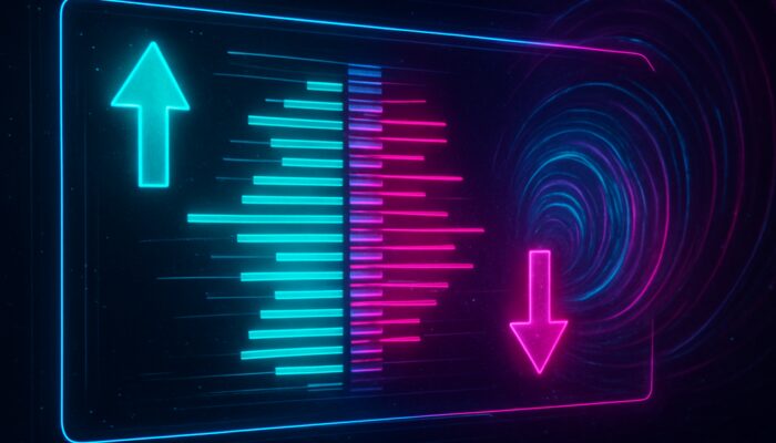 Futuristic cyberpunk trading screen showing neon limit order book with bids, asks, and market depth.