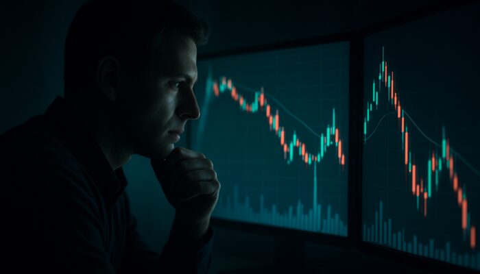 Focused trader analyzing candlestick charts, moving averages, and volume spike for market reversal on multiple screens