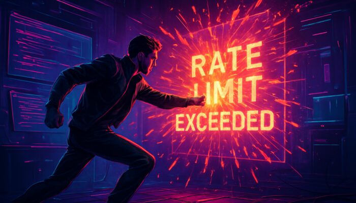Developer shattering rate limit exceeded barrier with code fixes in neon cyberpunk workspace