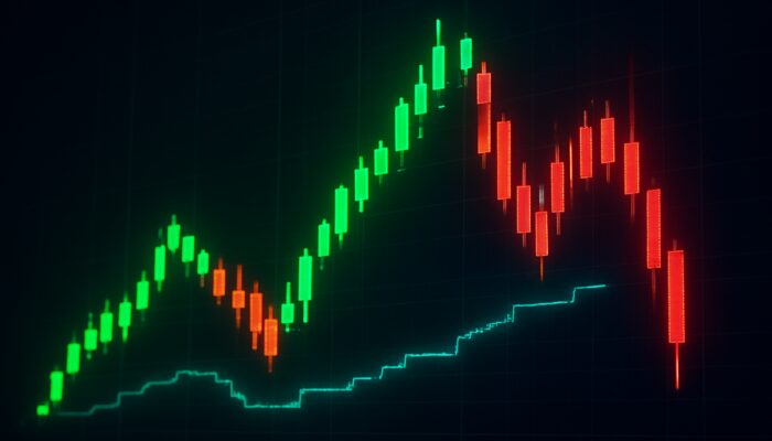 Futuristic trading screen with vibrant footprint chart showing stacked green and red volume blocks and glowing delta imbalances.