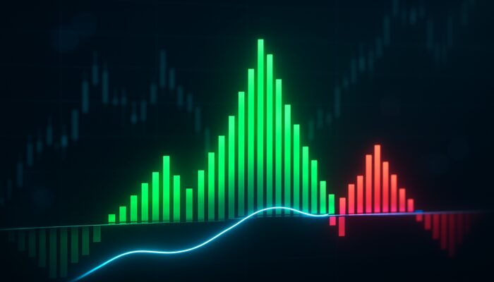 Glowing MACD histogram with tall green and red bars on trading screen showing momentum shifts.