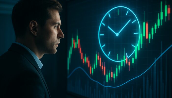 Trader analyzing MACD histogram with green-red bars and clock overlay in futuristic trading room.