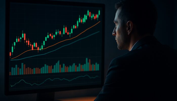 Trader examines candlestick charts with MACD divergence, rising volume bars, and RSI in dim room.