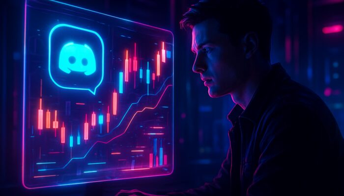 Cyberpunk trader viewing holographic Discord alerts and glowing candlestick charts in neon-lit dark room.