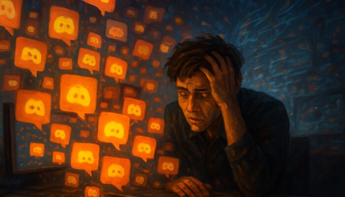 Exhausted trader overwhelmed by avalanche of Discord trading notification alerts on cluttered screens