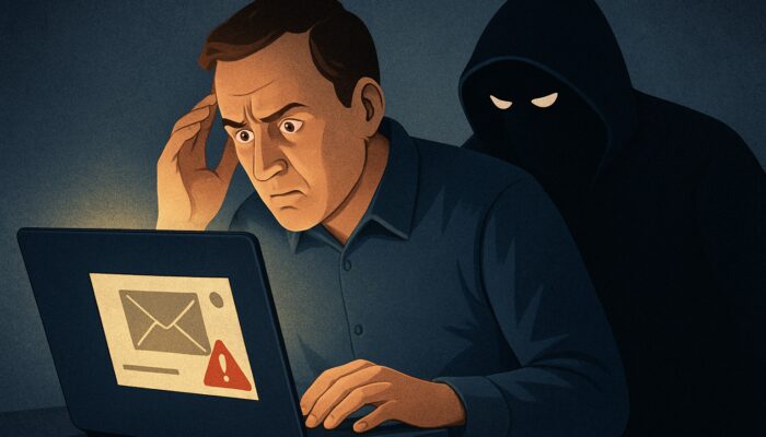 User spotting fake sender in phishing email on laptop with lurking cybercriminal behind