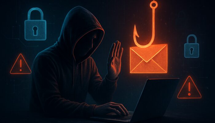 User shielding laptop from phishing email hook with digital locks and security alerts