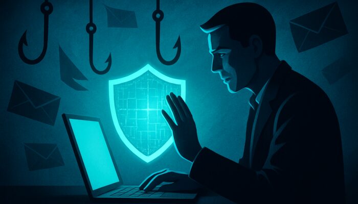 Professional deflecting phishing emails with digital shield on glowing laptop for cybersecurity awareness