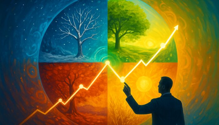 Surreal mandala blending seasons with business graphs and glowing resource flows for strategic efficiency.