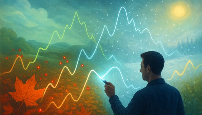 Analyst using glowing tools to fix red data errors amid seasonal graphs and landscapes