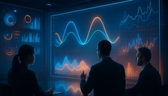 Futuristic analysts reviewing holographic seasonal cycle charts and demand forecasts in sleek corporate control room.