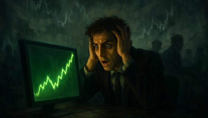 Frantic trader fixated on glowing recent stock chart as faded historical graphs dissolve on chaotic floor.