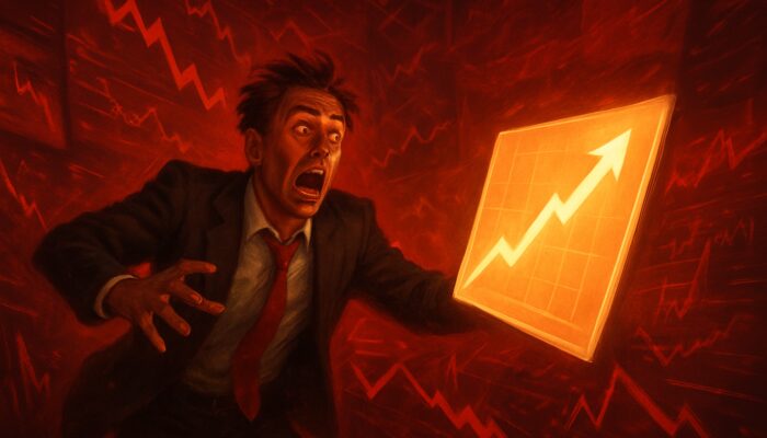 Frantic trader discards long-term growth chart amid flashing red negative earnings screens and market volatility