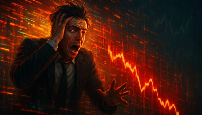 Frantic trader overwhelmed by glowing data streams and news alerts, fixated on plummeting stock chart