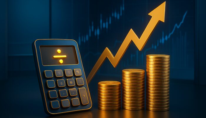 Calculator showing returns divided by costs with golden coins, profit arrows, and stock charts.
