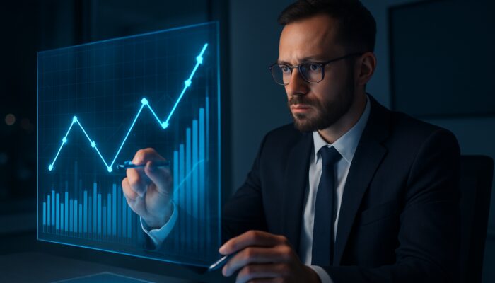 Trader analyzing glowing payoff ratio charts on holographic display for financial accuracy