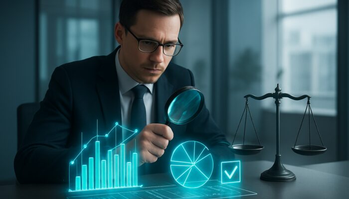 Auditor verifies holographic data charts with magnifying glass, scales, and green checkmarks in modern office.
