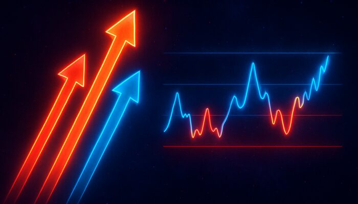 Abstract neon chart with upward trending arrows vs ranging price lines in dark cosmic void