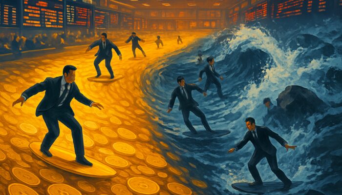 Traders gliding through golden coin river in liquid stock market, contrasted with rocky illiquid crashing waves.