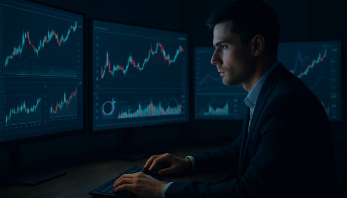 Focused trader analyzing customizable financial charts and indicators on multiple glowing screens