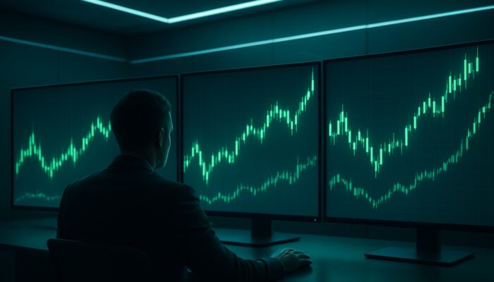 Trader analyzing synchronized multi-timeframe candlestick charts on glowing screens in futuristic trading room.