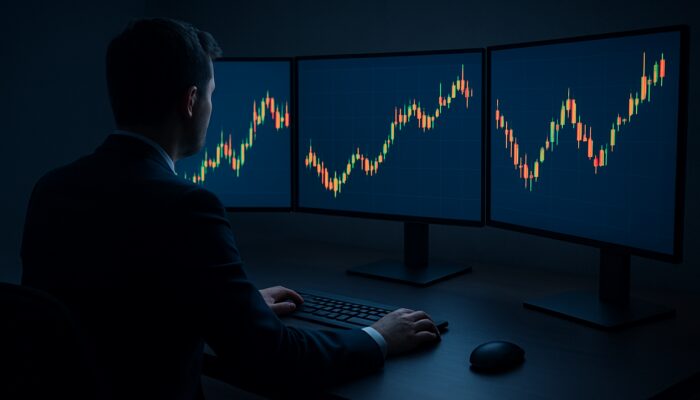 Trader analyzing overlapping candlestick charts on monitors for daily and hourly trading strategy.