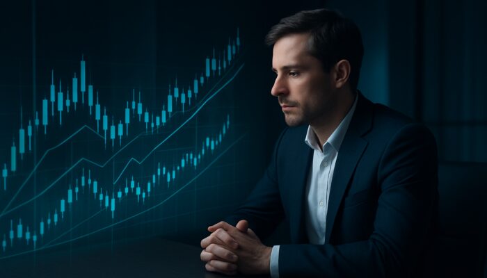 Trader examining layered holographic candlestick charts across multiple timeframes in sleek dark office