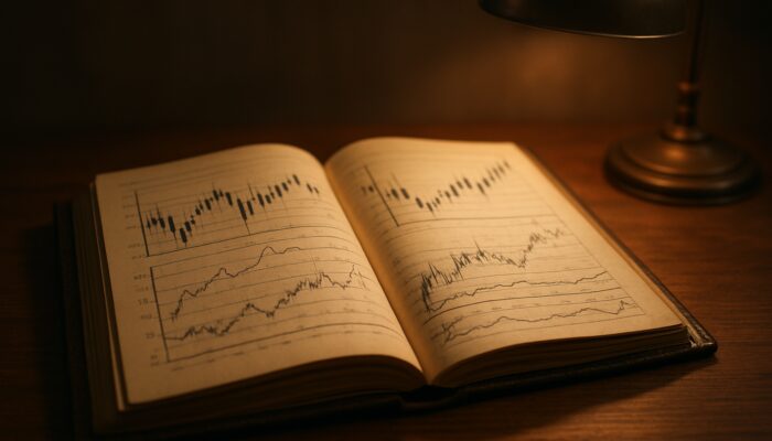 Open leather trading journal on wooden desk with handwritten trade logs and candlestick charts under soft lamp light.