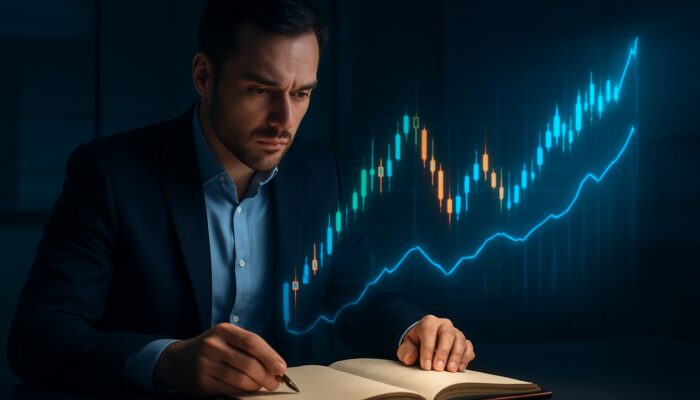 Trader examines leather trading journal with holographic candlestick charts in modern office