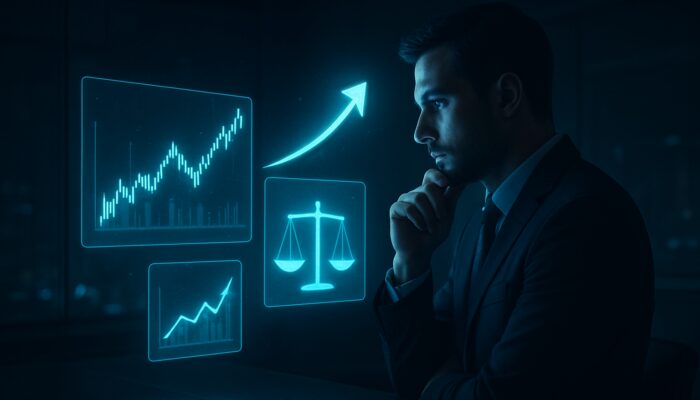 Trader analyzing holographic charts with win rates and risk-reward ratios in futuristic office