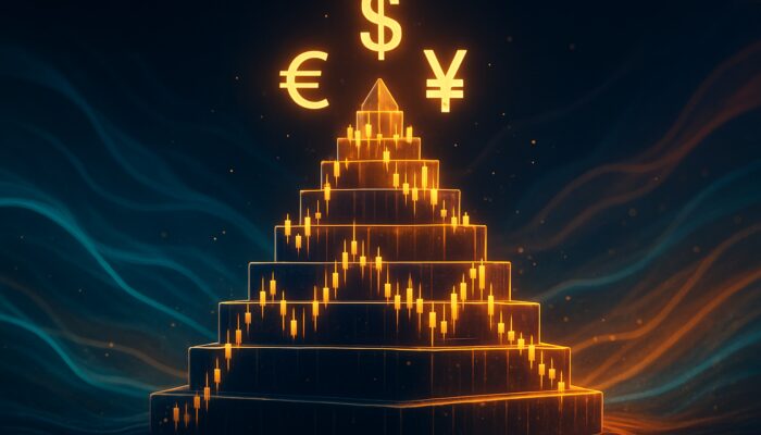 Pyramid of layered trading charts and glowing currency symbols amid market volatility waves