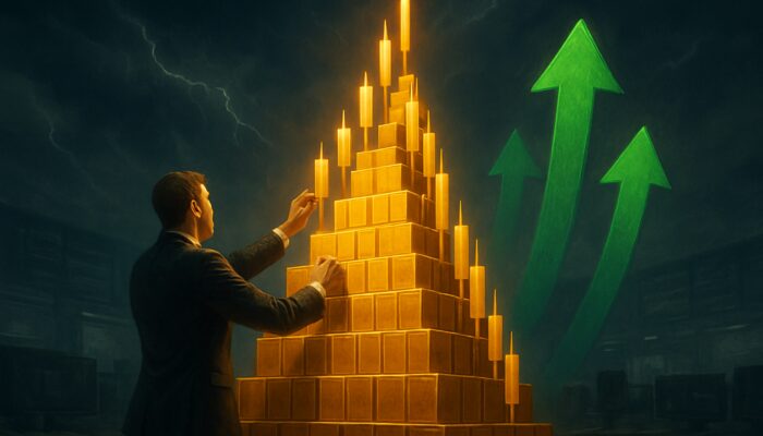 Trader stacking candlestick charts into golden pyramid on stormy trading floor with upward arrows.