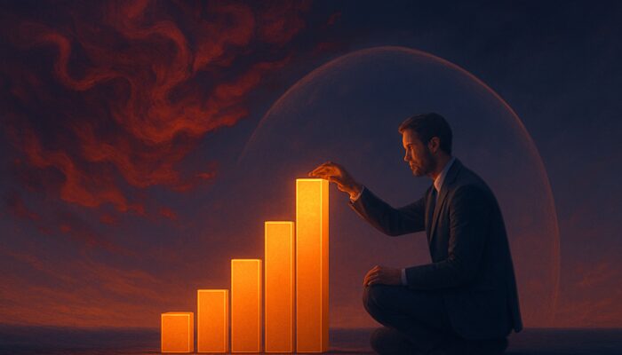 Serene trader stacking glowing chart blocks into rising pyramid at dusk, shielded from red emotional clouds.