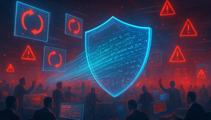 Chaotic trading floor with holographic screens reversing erroneous trades amid red alerts and protective shield.