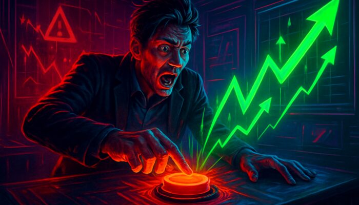 Frantic cyberpunk trader hits glowing rollback button amid crashing charts for instant stock recovery