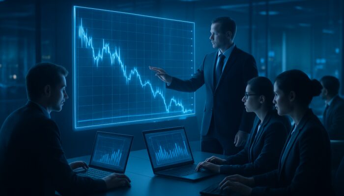 Calm leader directs focused traders executing holographic stock chart rollback on blue-lit trading floor