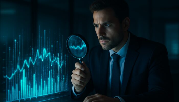 Analyst examines holographic transaction ledgers with magnifying glass highlighting data discrepancies in dark office