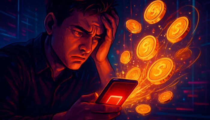 Frustrated user views insufficient balance error on smartphone as gold coins flood into account, cyberpunk style