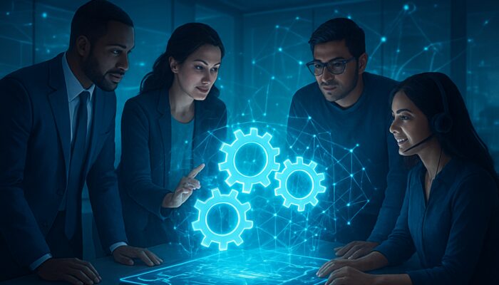 Diverse finance, IT, and customer service teams collaborating on holographic dashboard for error management optimization