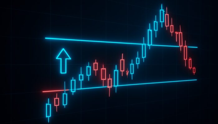 Neon candlestick chart with price bouncing off support and resistance levels and reversal arrows in futuristic interface.
