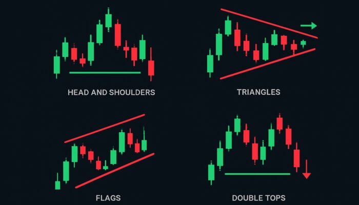 Trading chart patterns cheat sheet infographic with head and shoulders, triangles, flags, and double tops.