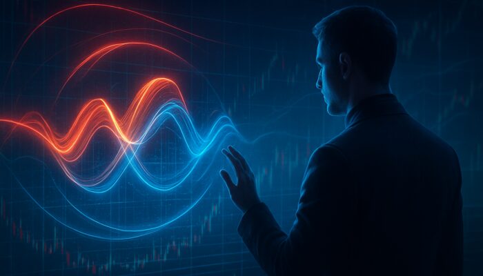 Futuristic trader examines holographic ultimate oscillator fusing three timelines with red overbought and blue oversold zones.