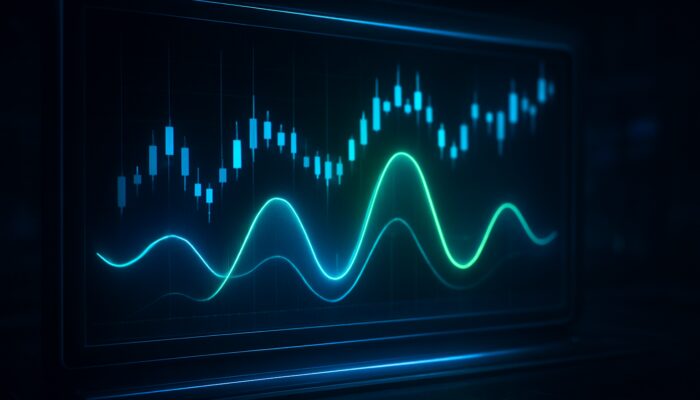 Cyberpunk trading terminal displays glowing Ultimate Oscillator formula over animated candlestick charts with neon lines.