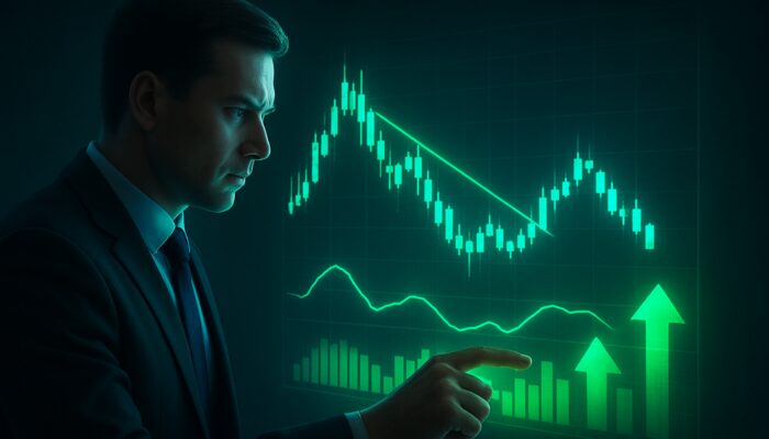 Trader examining holographic stock chart with ultimate oscillator below 30 signaling buy reversal
