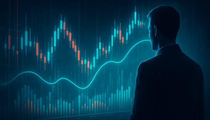Futuristic trader analyzing holographic candlestick charts with zero-lag EMA lines in backtest simulation.