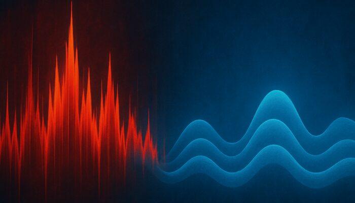 Abstract financial chart of volatility clustering: red turbulent spikes flowing into blue serene waves.